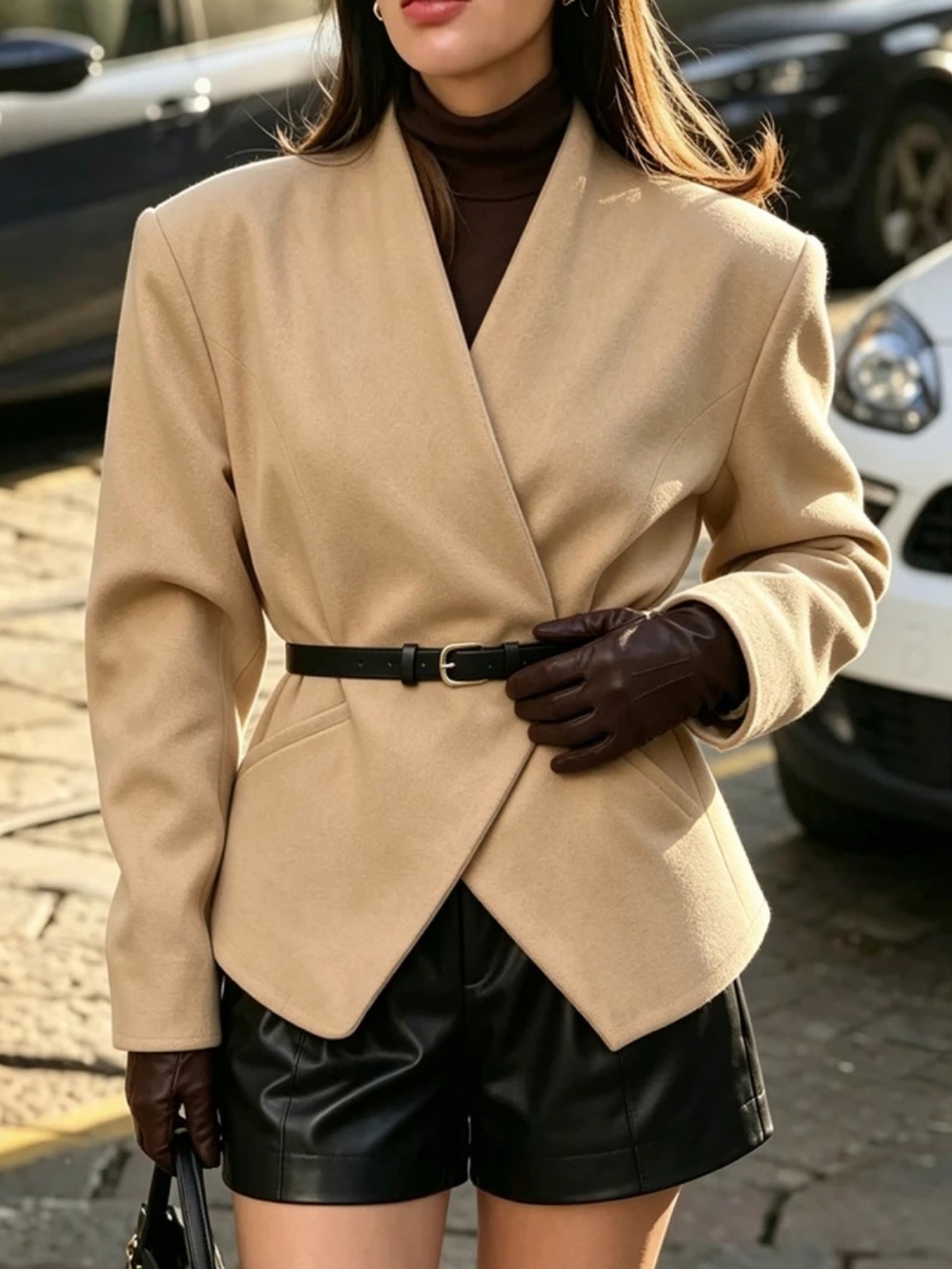 French Style Collarless Waist-Cinching Camel Wool Blazer Jacket